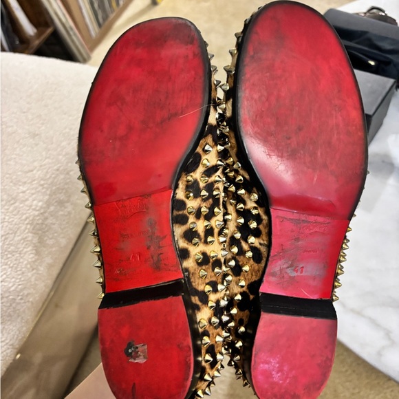 Christian Louboutin Leopard Print Gold Spiked Loafers - Picture 3 of 8